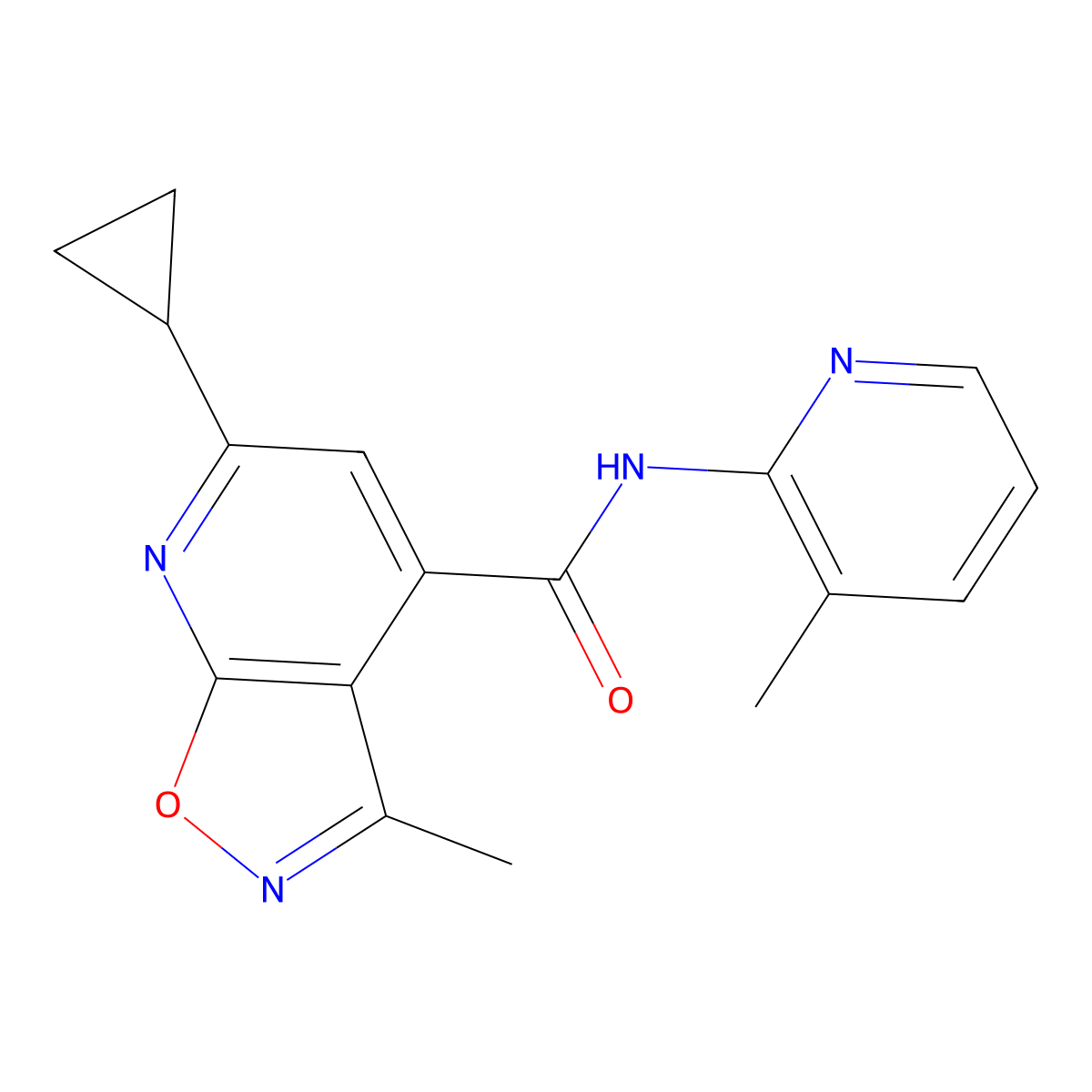 6-cyclopropyl-3-methyl-N-(3-methylpyridin-2-yl)[1,2]oxazolo[5,4-b]pyridine-4-carboxamide molecular structure, CAS 1190246-75-3