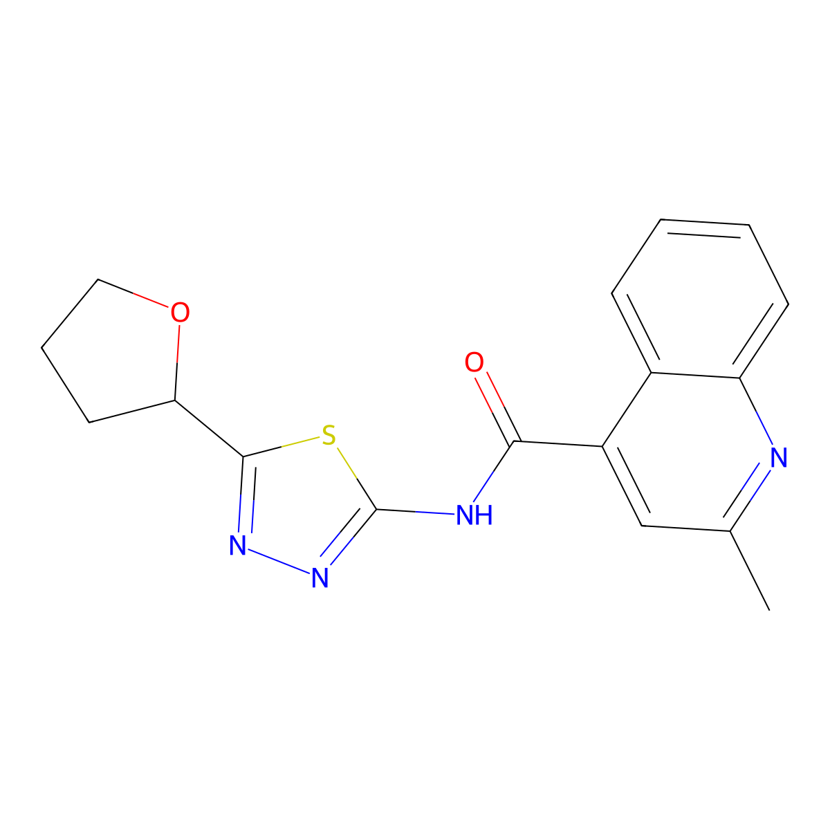 2-methyl-N-[(2E)-5-(tetrahydrofuran-2-yl)-1,3,4-thiadiazol-2(3H)-ylidene]quinoline-4-carboxamide molecular structure, CAS 1190247-27-8