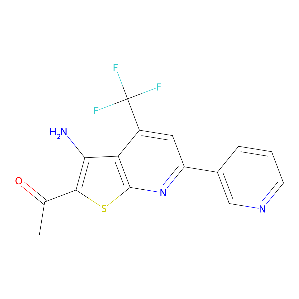 2-Acetyl-3-amino-6-(3-pyridyl)-4-(trifluoromethyl)thiopheno[2,3-b]pyridine molecular structure, CAS 1190247-50-7