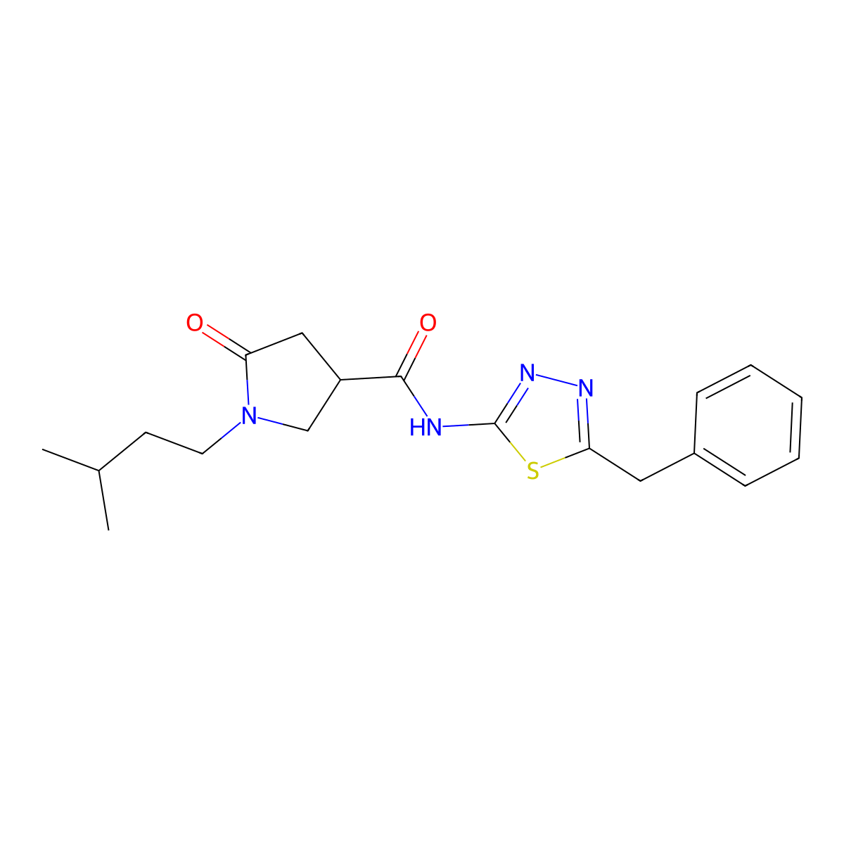 N-[(2Z)-5-benzyl-1,3,4-thiadiazol-2(3H)-ylidene]-1-(3-methylbutyl)-5-oxopyrrolidine-3-carboxamide molecular structure, CAS 1190248-33-9