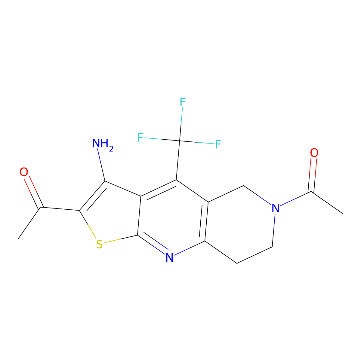 1,1'-(3-amino-4-(trifluoromethyl)-7,8-dihydrothieno[2,3-b][1,6]naphthyridine-2,6(5H)-diyl)diethanone molecular structure, CAS 1190248-55-5