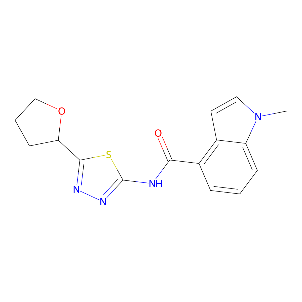 1-methyl-N-[(2E)-5-(tetrahydrofuran-2-yl)-1,3,4-thiadiazol-2(3H)-ylidene]-1H-indole-4-carboxamide molecular structure, CAS 1190248-83-9