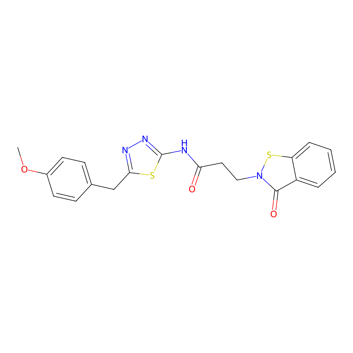 N-[(2Z)-5-(4-methoxybenzyl)-1,3,4-thiadiazol-2(3H)-ylidene]-3-(3-oxo-1,2-benzothiazol-2(3H)-yl)propanamide molecular structure, CAS 1190249-40-1