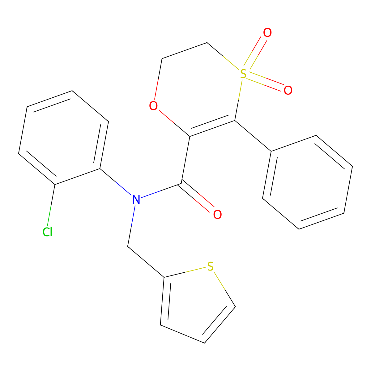 N-(2-chlorophenyl)-3-phenyl-N-(thiophen-2-ylmethyl)-5,6-dihydro-1,4-oxathiine-2-carboxamide 4,4-dioxide molecular structure, CAS 1190249-64-9