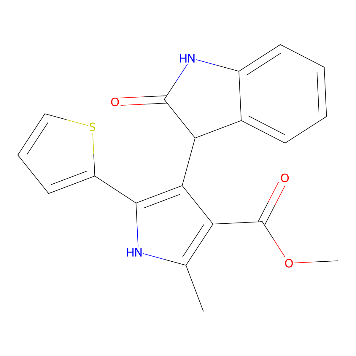 methyl 2-methyl-4-(2-oxo-2,3-dihydro-1H-indol-3-yl)-5-(thiophen-2-yl)-1H-pyrrole-3-carboxylate molecular structure, CAS 1190250-15-7