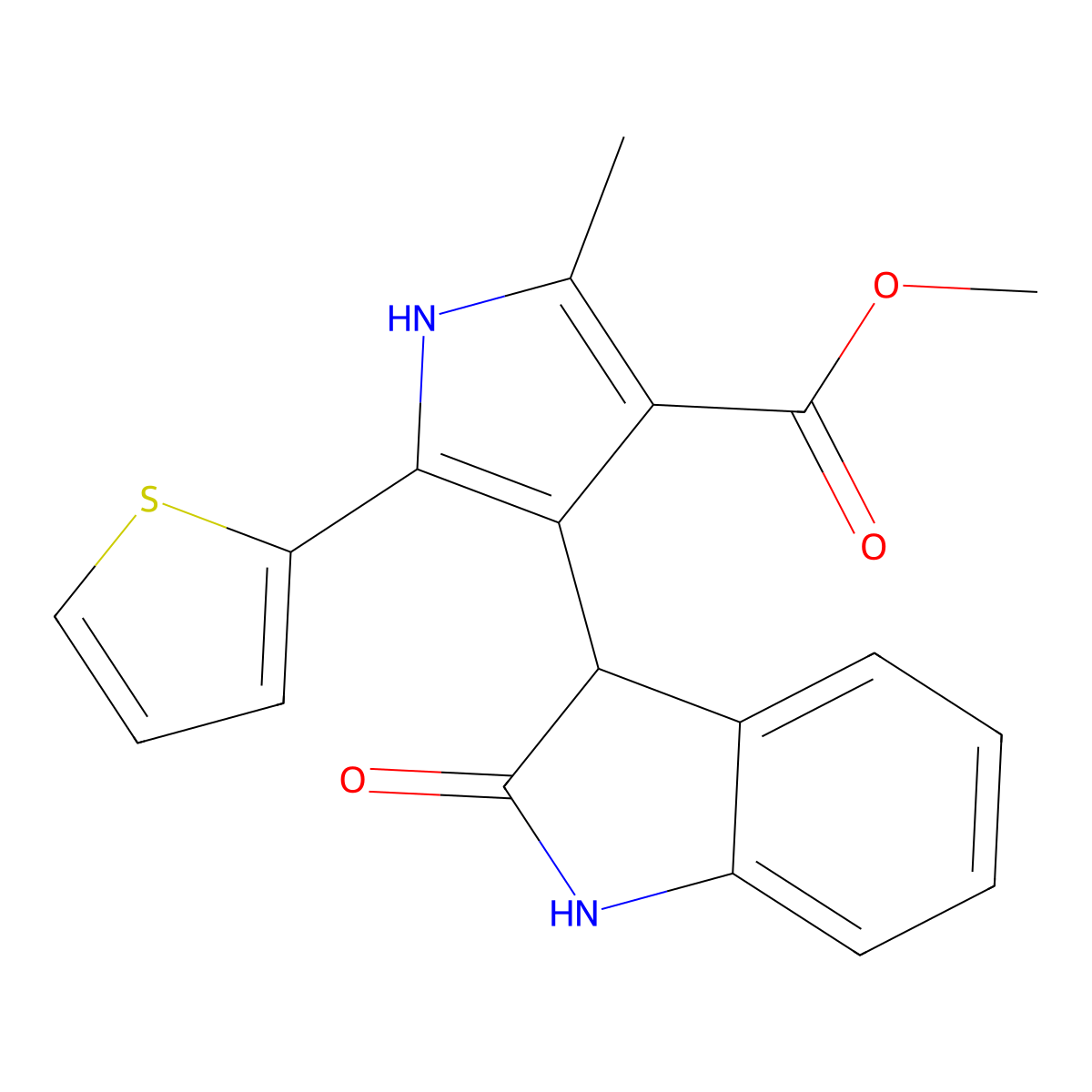 methyl 2-methyl-4-(2-oxo-2,3-dihydro-1H-indol-3-yl)-5-(thiophen-2-yl)-1H-pyrrole-3-carboxylate molecular structure, CAS 1190250-15-7