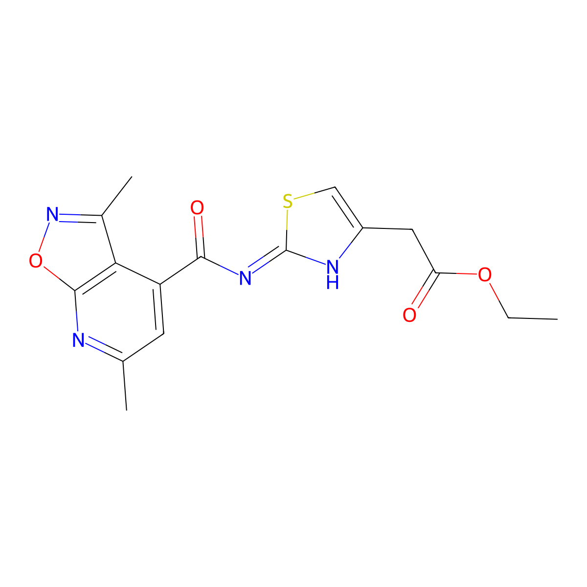 Ethyl (2-{[(3,6-dimethyl[1,2]oxazolo[5,4-b]pyridin-4-yl)carbonyl]amino}-1,3-thiazol-4-yl)acetate molecular structure, CAS 1190250-54-4