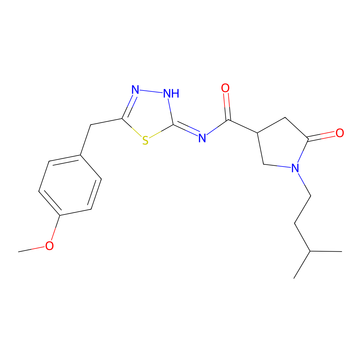 N-[(2E)-5-(4-methoxybenzyl)-1,3,4-thiadiazol-2(3H)-ylidene]-1-(3-methylbutyl)-5-oxopyrrolidine-3-carboxamide molecular structure, CAS 1190251-12-7