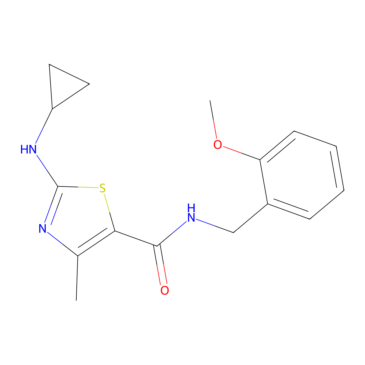 2-(cyclopropylamino)-N-(2-methoxybenzyl)-4-methyl-1,3-thiazole-5-carboxamide molecular structure, CAS 1190252-05-1