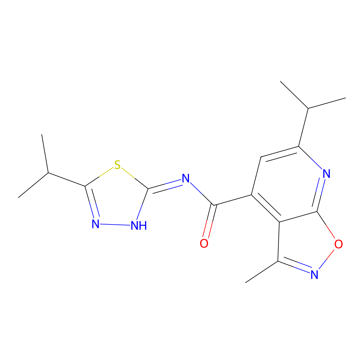 3-methyl-6-(propan-2-yl)-N-[(2E)-5-(propan-2-yl)-1,3,4-thiadiazol-2(3H)-ylidene][1,2]oxazolo[5,4-b]pyridine-4-carboxamide molecular structure, CAS 1190252-13-1