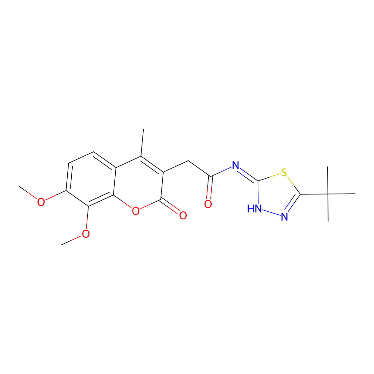 N-[(2E)-5-tert-butyl-1,3,4-thiadiazol-2(3H)-ylidene]-2-(7,8-dimethoxy-4-methyl-2-oxo-2H-chromen-3-yl)acetamide molecular structure, CAS 1190253-43-0