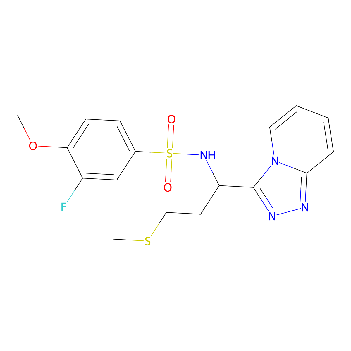 3-fluoro-4-methoxy-N-[3-(methylsulfanyl)-1-([1,2,4]triazolo[4,3-a]pyridin-3-yl)propyl]benzenesulfonamide molecular structure, CAS 1190253-66-7