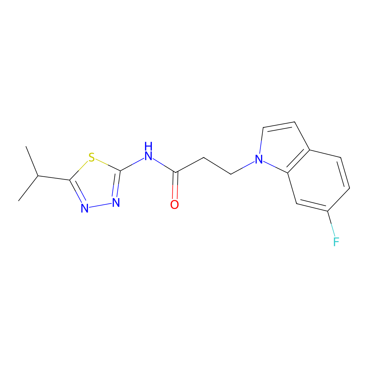 3-(6-fluoro-1H-indol-1-yl)-N-[(2E)-5-(propan-2-yl)-1,3,4-thiadiazol-2(3H)-ylidene]propanamide molecular structure, CAS 1190254-58-0