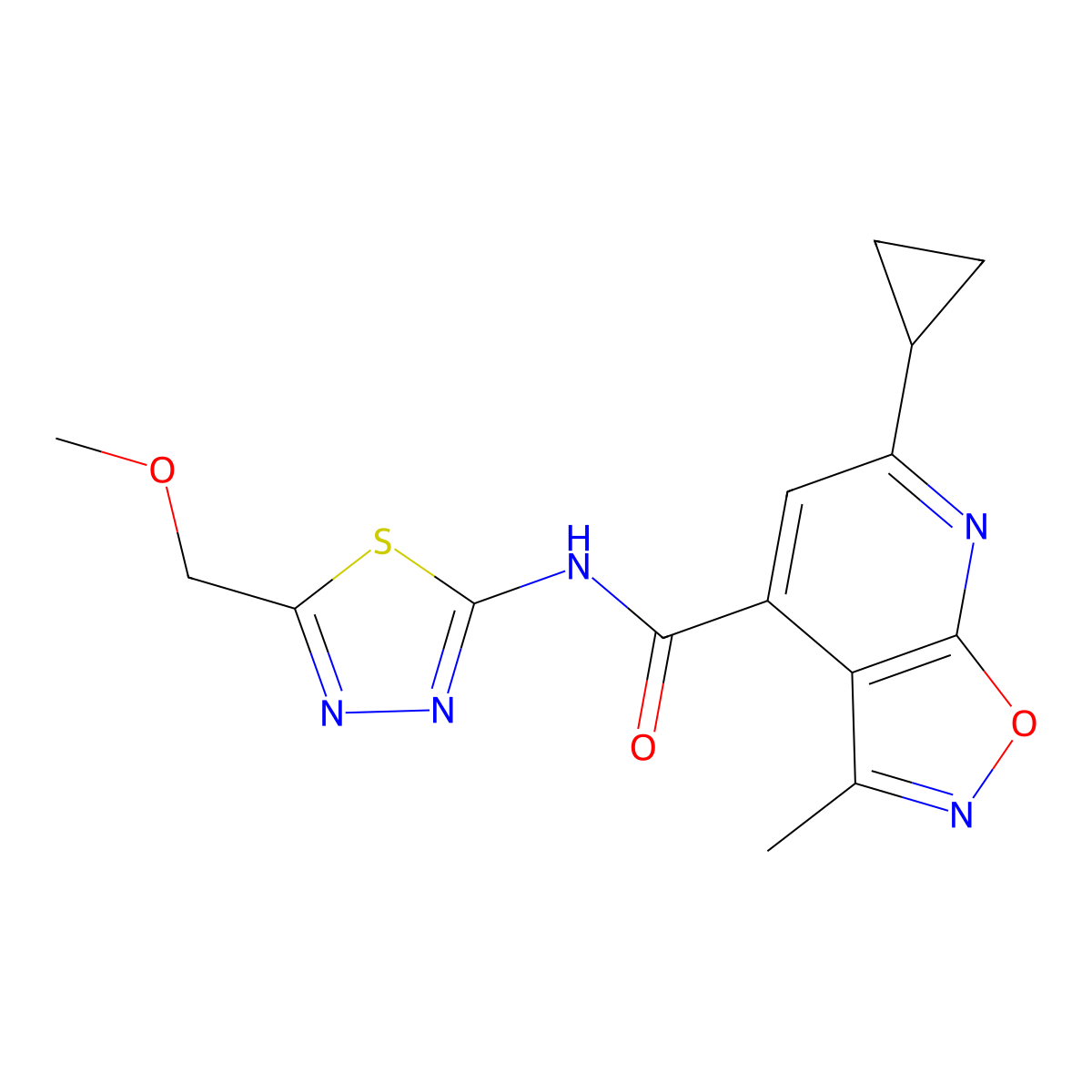 6-cyclopropyl-N-[(2E)-5-(methoxymethyl)-1,3,4-thiadiazol-2(3H)-ylidene]-3-methyl[1,2]oxazolo[5,4-b]pyridine-4-carboxamide molecular structure, CAS 1190255-09-4
