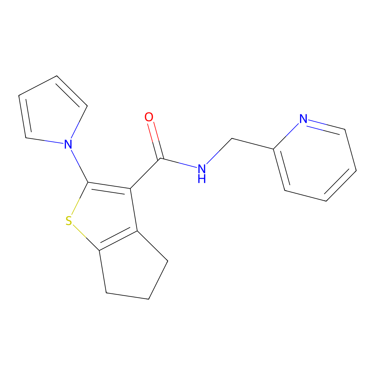 N-(pyridin-2-ylmethyl)-2-(1H-pyrrol-1-yl)-5,6-dihydro-4H-cyclopenta[b]thiophene-3-carboxamide molecular structure, CAS 1190255-15-2