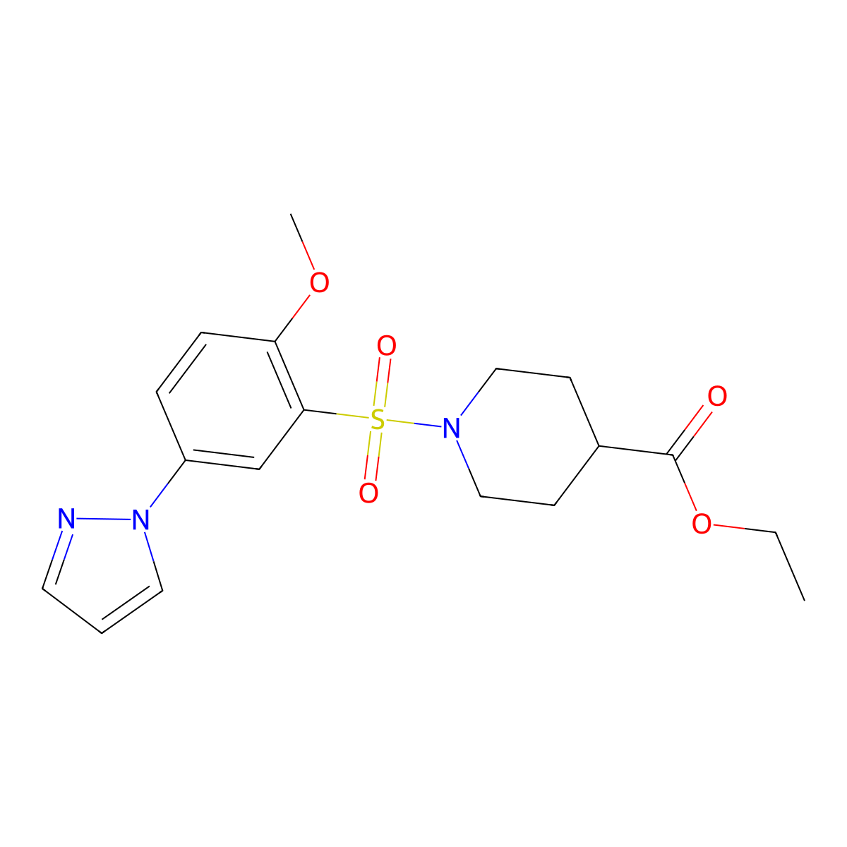 ethyl 1-((2-methoxy-5-(1H-pyrazol-1-yl)phenyl)sulfonyl)piperidine-4-carboxylate molecular structure, CAS 1190255-24-3
