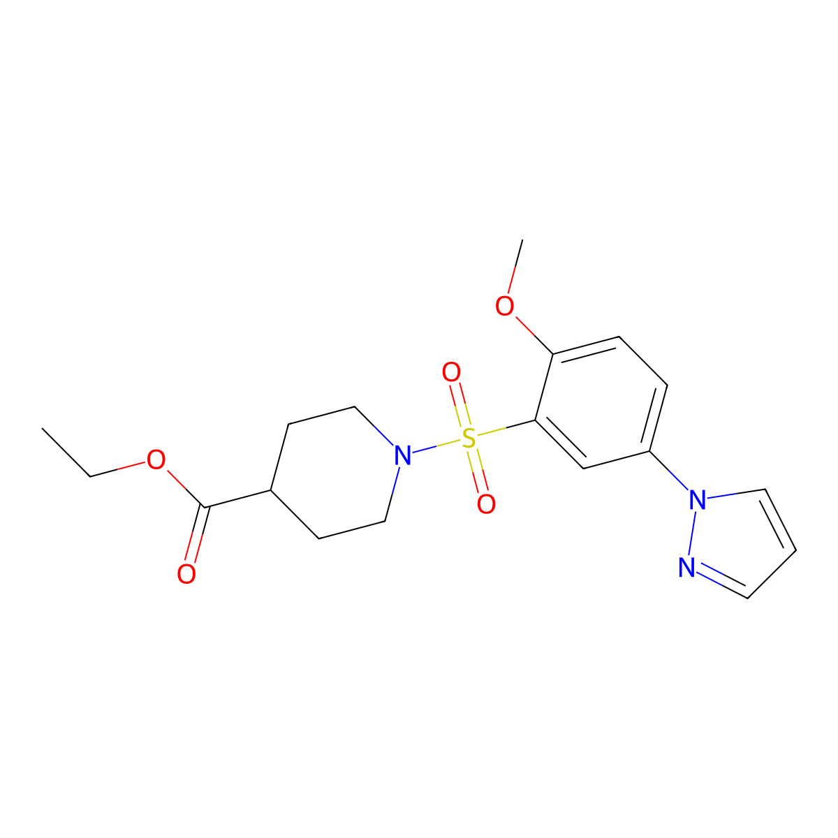 ethyl 1-((2-methoxy-5-(1H-pyrazol-1-yl)phenyl)sulfonyl)piperidine-4-carboxylate molecular structure, CAS 1190255-24-3