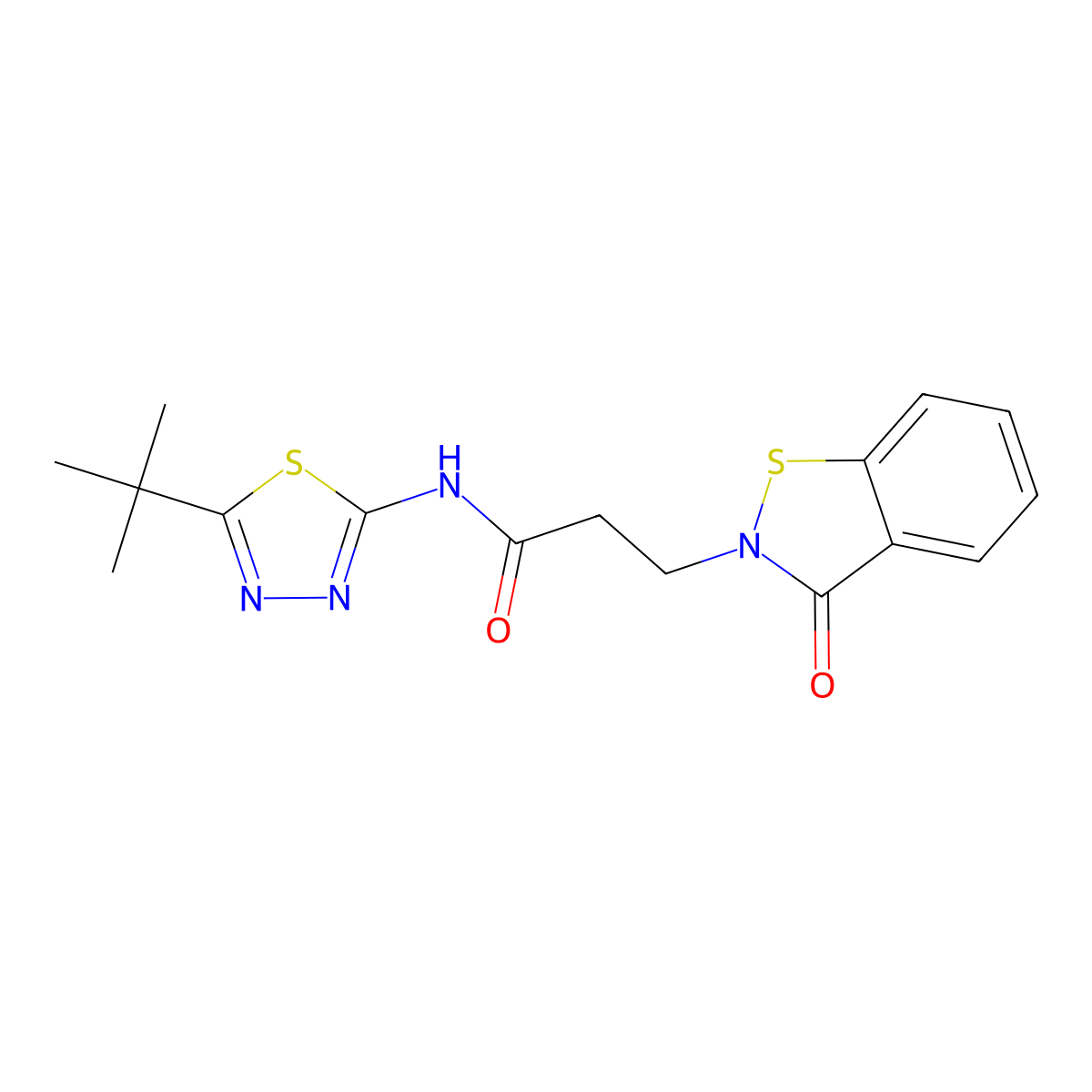 N-[(2Z)-5-tert-butyl-1,3,4-thiadiazol-2(3H)-ylidene]-3-(3-oxo-1,2-benzothiazol-2(3H)-yl)propanamide molecular structure, CAS 1190255-88-9