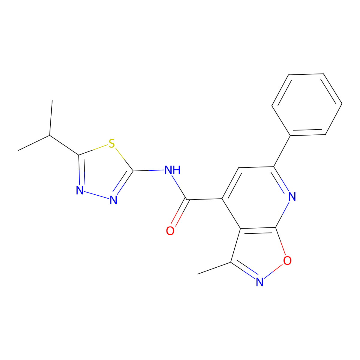3-methyl-6-phenyl-N-[(2E)-5-(propan-2-yl)-1,3,4-thiadiazol-2(3H)-ylidene][1,2]oxazolo[5,4-b]pyridine-4-carboxamide molecular structure, CAS 1190256-40-6