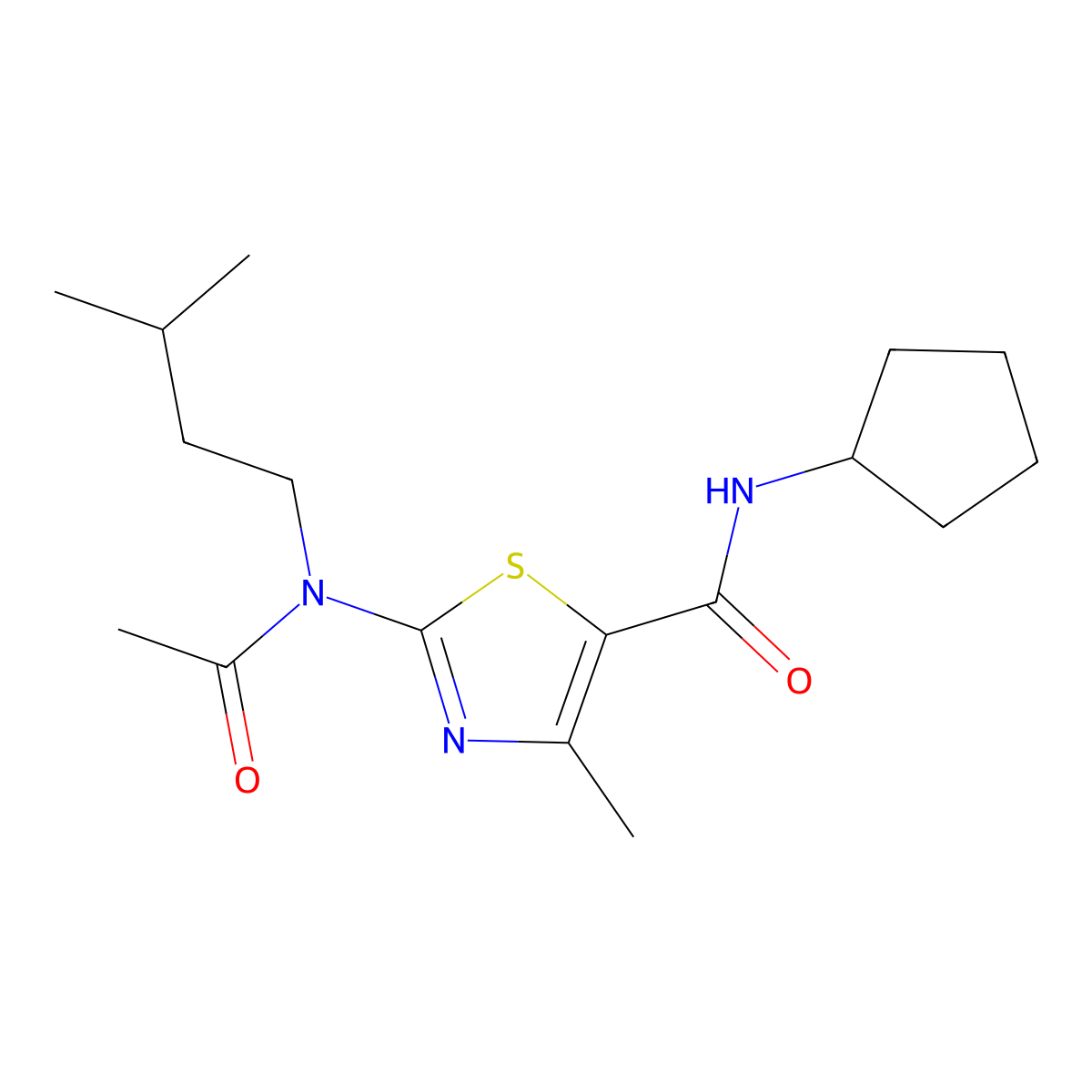 2-[acetyl(isopentyl)amino]-N-cyclopentyl-4-methyl-1,3-thiazole-5-carboxamide molecular structure, CAS 1190258-00-4