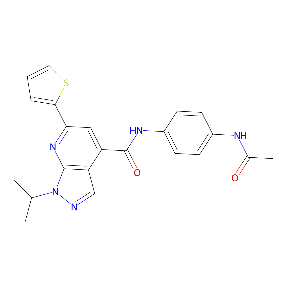 N-[4-(acetylamino)phenyl]-1-(propan-2-yl)-6-(thiophen-2-yl)-1H-pyrazolo[3,4-b]pyridine-4-carboxamide molecular structure, CAS 1190258-49-1