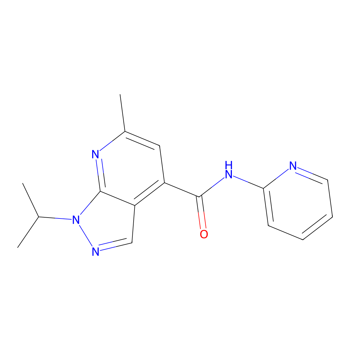 6-methyl-1-(propan-2-yl)-N-(pyridin-2-yl)-1H-pyrazolo[3,4-b]pyridine-4-carboxamide molecular structure, CAS 1190260-36-6