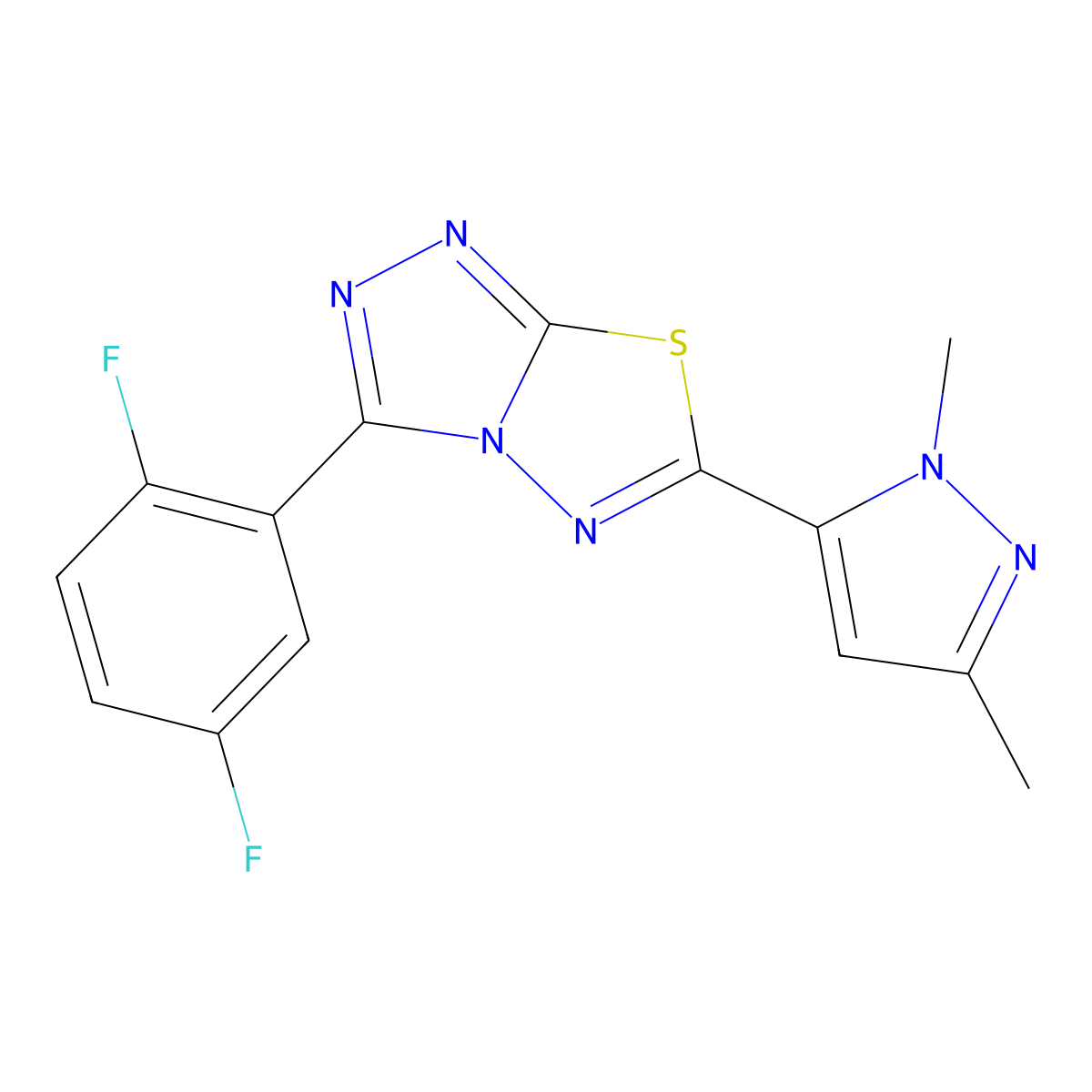 3-(2,5-difluorophenyl)-6-(1,3-dimethyl-1H-pyrazol-5-yl)[1,2,4]triazolo[3,4-b][1,3,4]thiadiazole molecular structure, CAS 1190260-42-4