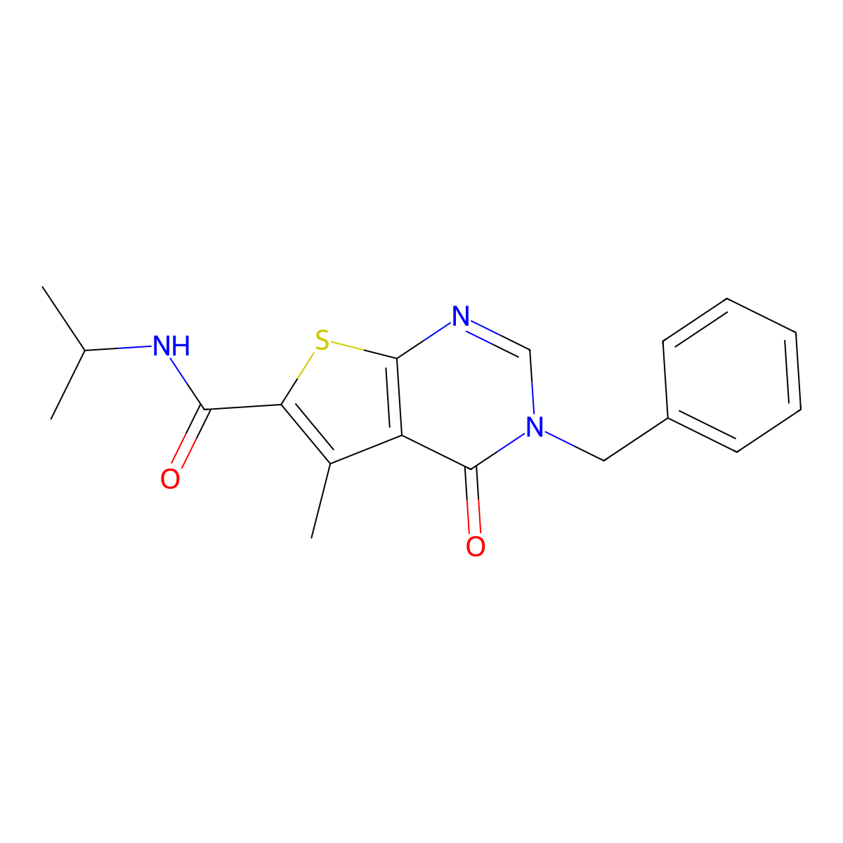 3-benzyl-5-methyl-4-oxo-N-(propan-2-yl)-3,4-dihydrothieno[2,3-d]pyrimidine-6-carboxamide molecular structure, CAS 1190261-34-7
