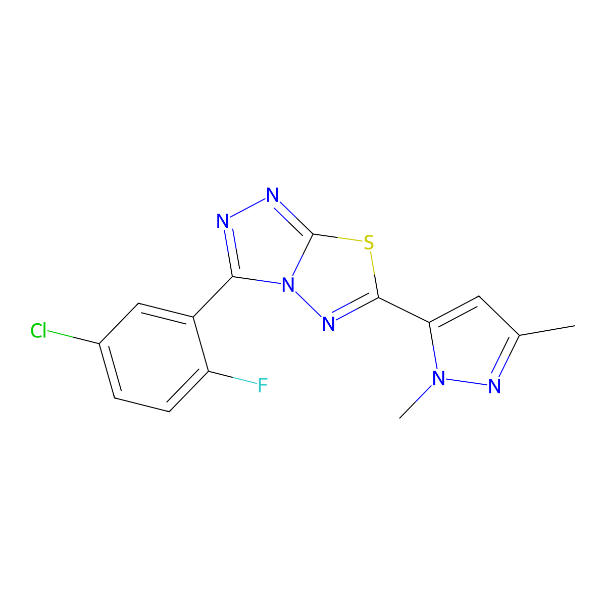 5-[3-(5-Chloro-2-fluorophenyl)-[1,2,4]triazolo[3,4-b][1,3,4]thiadiazol-6-yl]-1,3-dimethyl-1H-pyrazole molecular structure, CAS 1190261-52-9