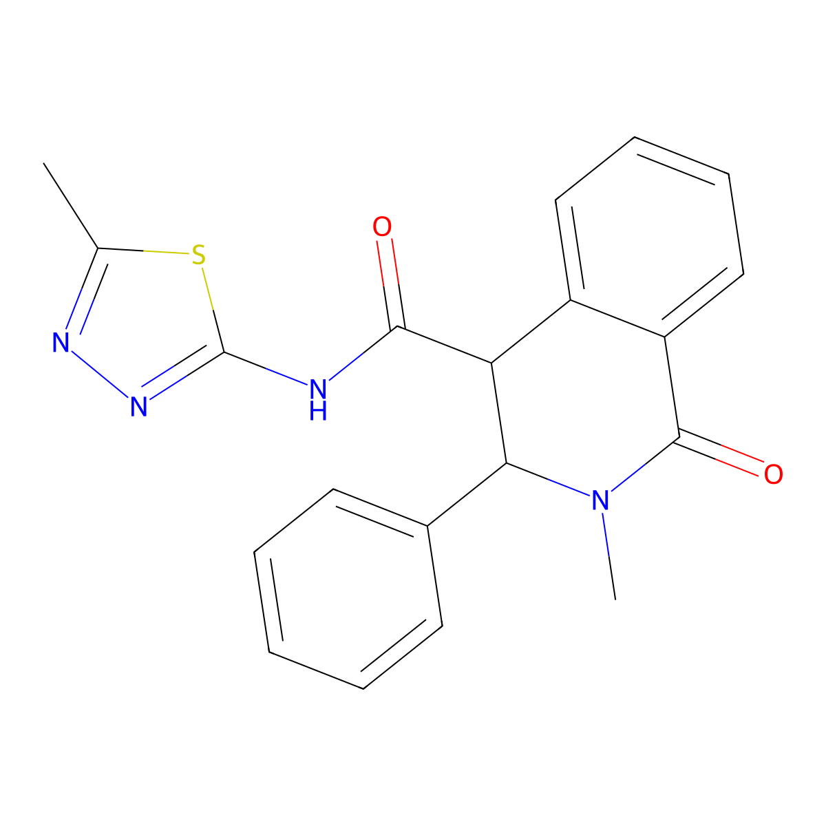 2-methyl-N-(5-methyl-1,3,4-thiadiazol-2-yl)-1-oxo-3-phenyl-1,2,3,4-tetrahydroisoquinoline-4-carboxamide molecular structure, CAS 1190263-73-0