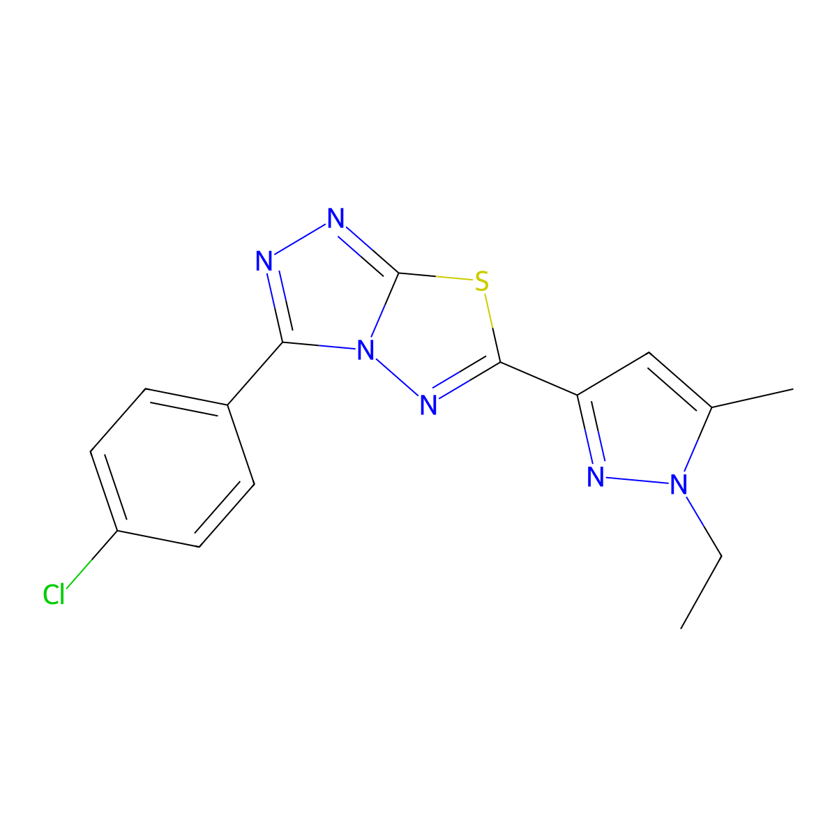 3-(4-chlorophenyl)-6-(1-ethyl-5-methyl-1H-pyrazol-3-yl)[1,2,4]triazolo[3,4-b][1,3,4]thiadiazole molecular structure, CAS 1190263-75-2
