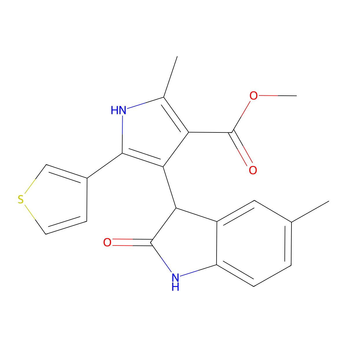 methyl 2-methyl-4-(5-methyl-2-oxo-2,3-dihydro-1H-indol-3-yl)-5-(thiophen-3-yl)-1H-pyrrole-3-carboxylate molecular structure, CAS 1190264-30-2