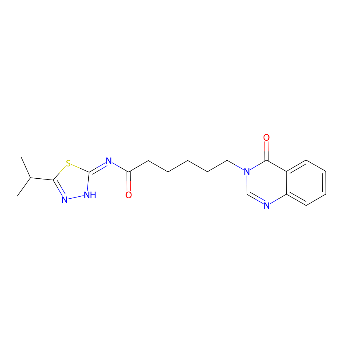 6-(4-oxoquinazolin-3(4H)-yl)-N-[(2E)-5-(propan-2-yl)-1,3,4-thiadiazol-2(3H)-ylidene]hexanamide molecular structure, CAS 1190266-53-5
