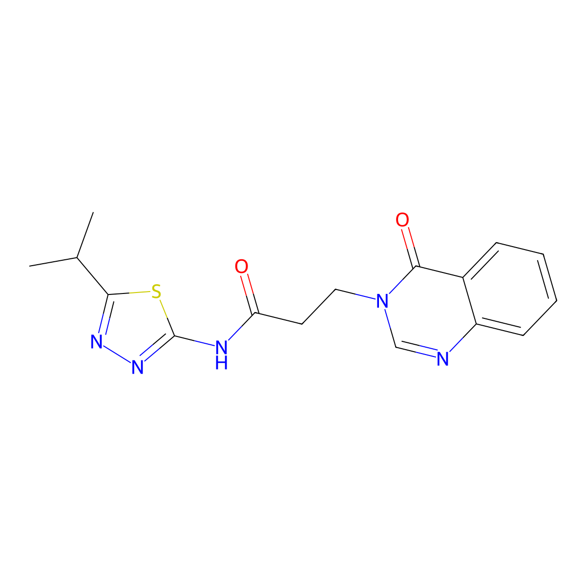 3-(4-oxoquinazolin-3(4H)-yl)-N-[(2E)-5-(propan-2-yl)-1,3,4-thiadiazol-2(3H)-ylidene]propanamide molecular structure, CAS 1190266-64-8