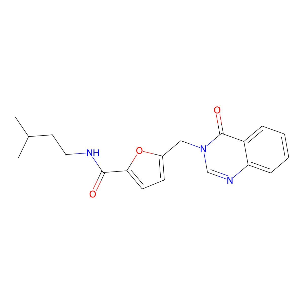 N-(3-methylbutyl)-5-[(4-oxoquinazolin-3(4H)-yl)methyl]furan-2-carboxamide molecular structure, CAS 1190266-88-6