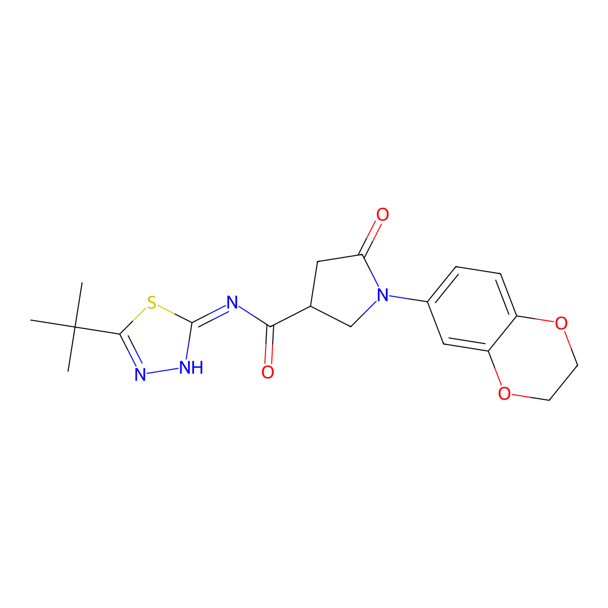 N-[(2E)-5-tert-butyl-1,3,4-thiadiazol-2(3H)-ylidene]-1-(2,3-dihydro-1,4-benzodioxin-6-yl)-5-oxopyrrolidine-3-carboxamide molecular structure, CAS 1190267-18-5