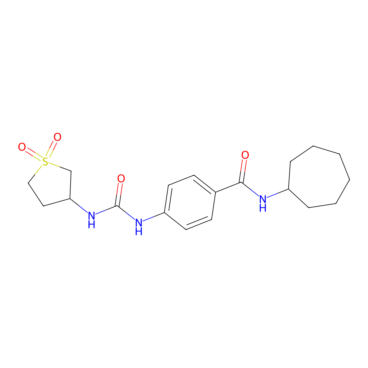 N-cycloheptyl-4-{[(1,1-dioxidotetrahydrothiophen-3-yl)carbamoyl]amino}benzamide molecular structure, CAS 1190267-29-8