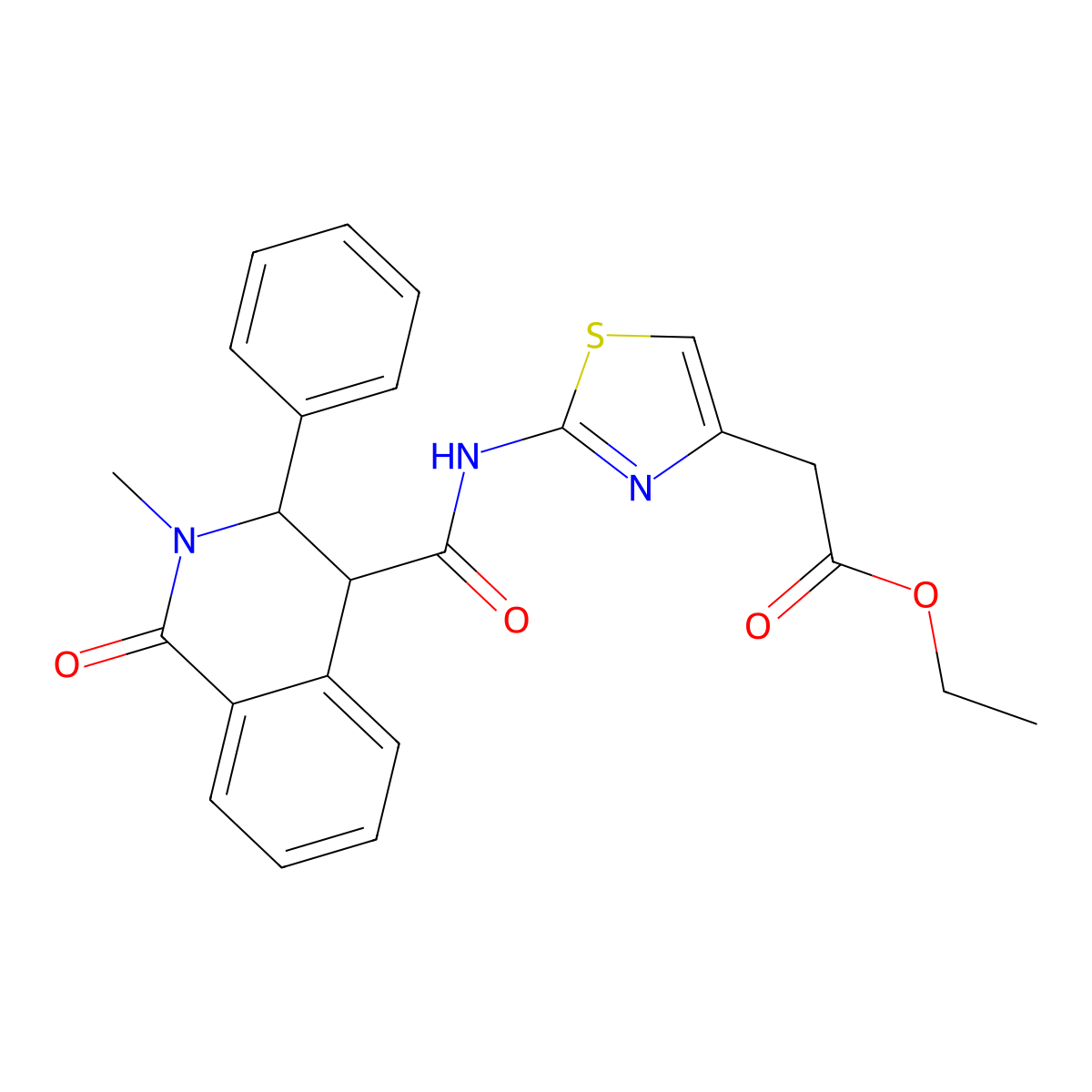 Ethyl (2-{[(2-methyl-1-oxo-3-phenyl-1,2,3,4-tetrahydroisoquinolin-4-yl)carbonyl]amino}-1,3-thiazol-4-yl)acetate molecular structure, CAS 1190267-47-0