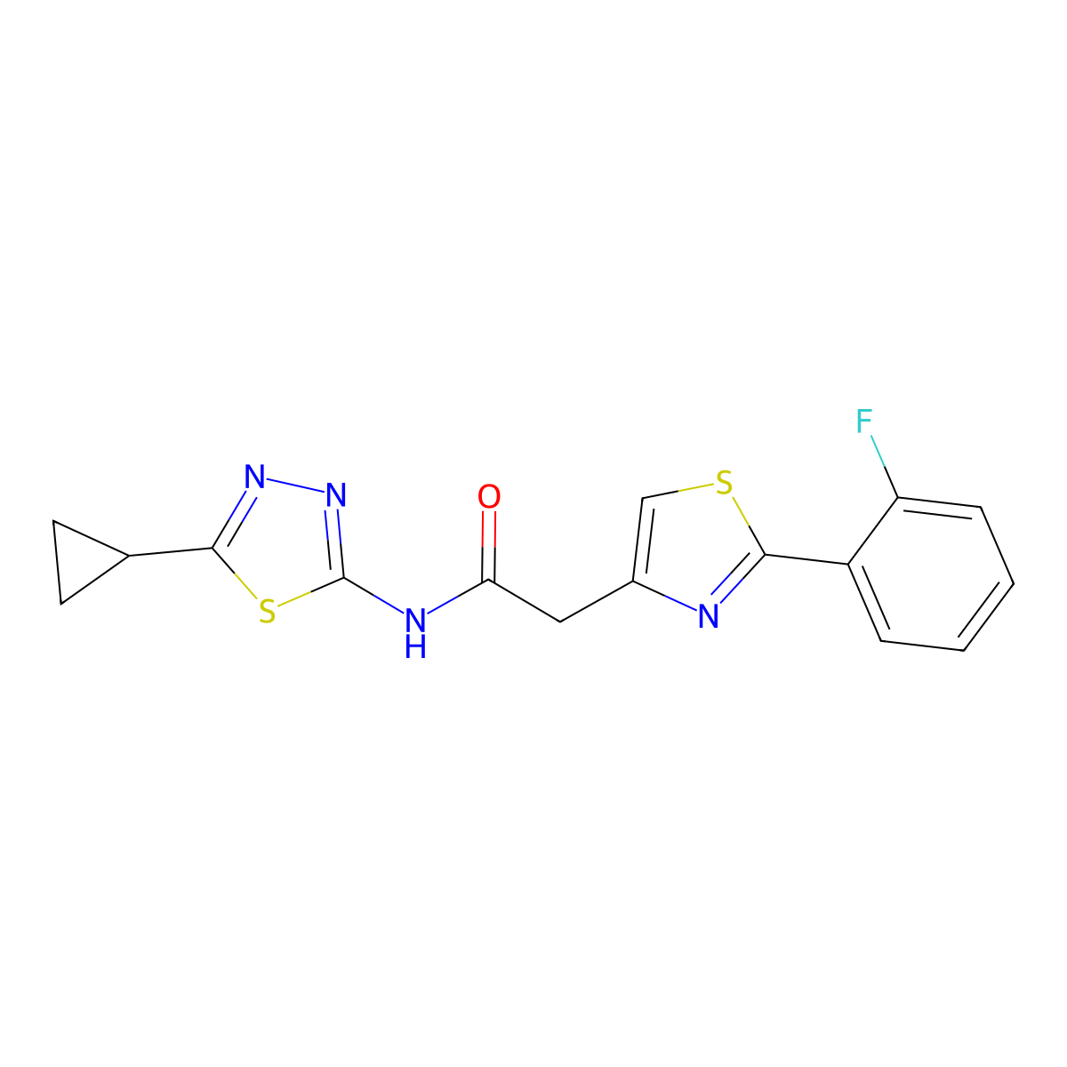 N-[(2Z)-5-cyclopropyl-1,3,4-thiadiazol-2(3H)-ylidene]-2-[2-(2-fluorophenyl)-1,3-thiazol-4-yl]acetamide molecular structure, CAS 1190268-95-1
