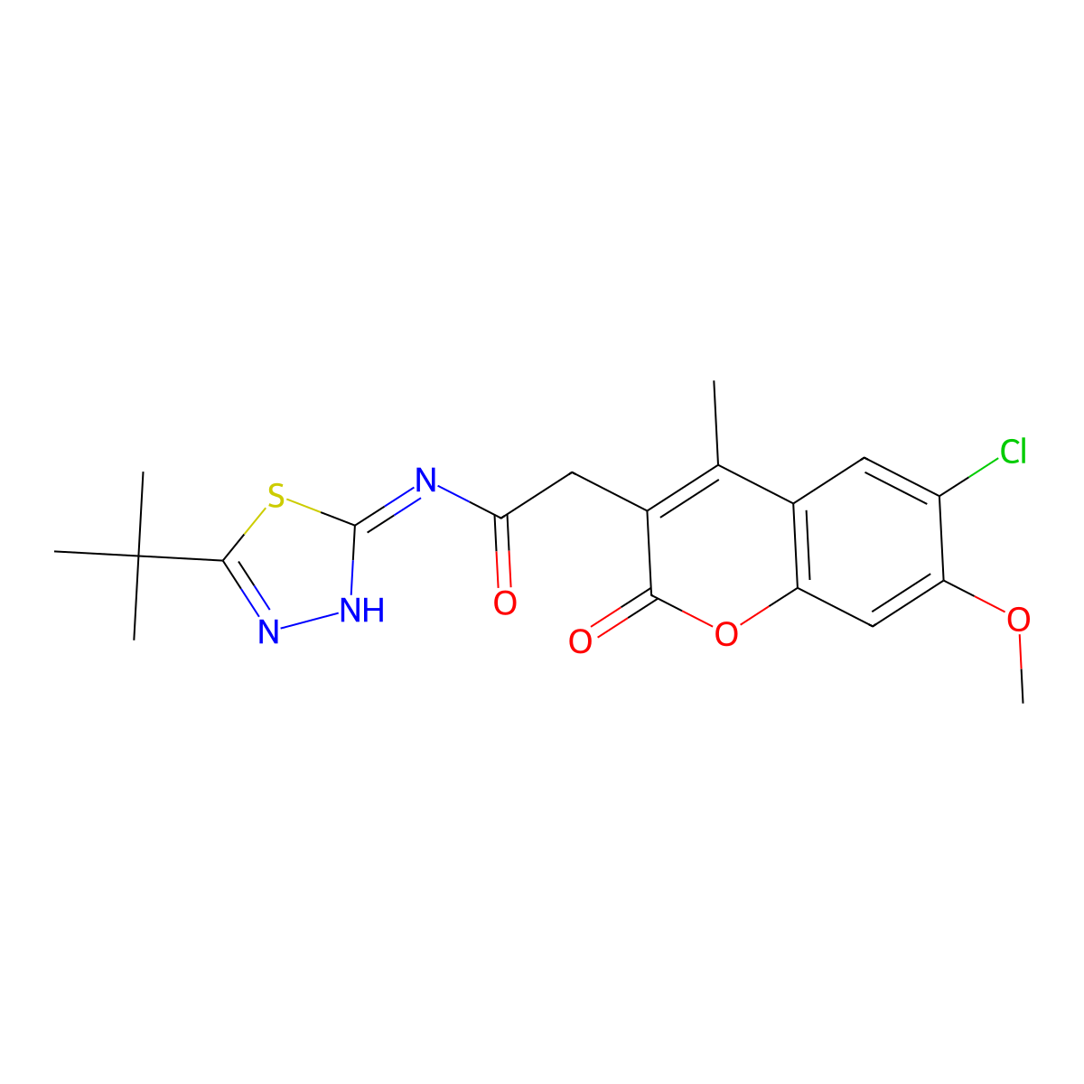 N-[(2E)-5-tert-butyl-1,3,4-thiadiazol-2(3H)-ylidene]-2-(6-chloro-7-methoxy-4-methyl-2-oxo-2H-chromen-3-yl)acetamide molecular structure, CAS 1190272-76-4
