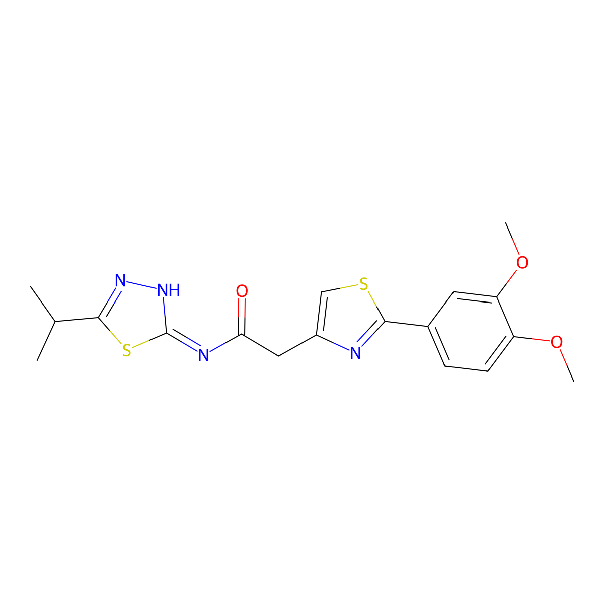 2-[2-(3,4-dimethoxyphenyl)-1,3-thiazol-4-yl]-N-[(2E)-5-(propan-2-yl)-1,3,4-thiadiazol-2(3H)-ylidene]acetamide molecular structure, CAS 1190272-89-9