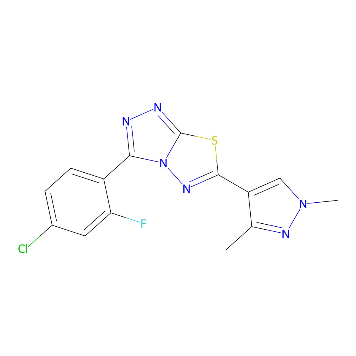 3-(4-chloro-2-fluorophenyl)-6-(1,3-dimethyl-1H-pyrazol-4-yl)[1,2,4]triazolo[3,4-b][1,3,4]thiadiazole molecular structure, CAS 1190273-14-3