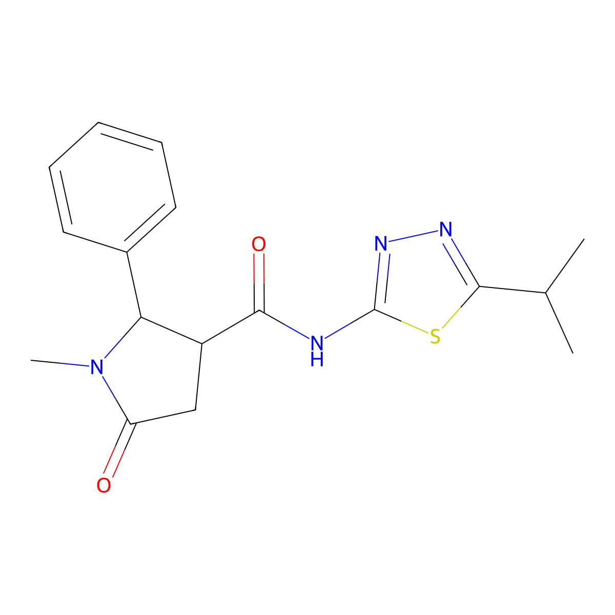 1-methyl-5-oxo-2-phenyl-N-[(2E)-5-(propan-2-yl)-1,3,4-thiadiazol-2(3H)-ylidene]pyrrolidine-3-carboxamide molecular structure, CAS 1190274-08-8