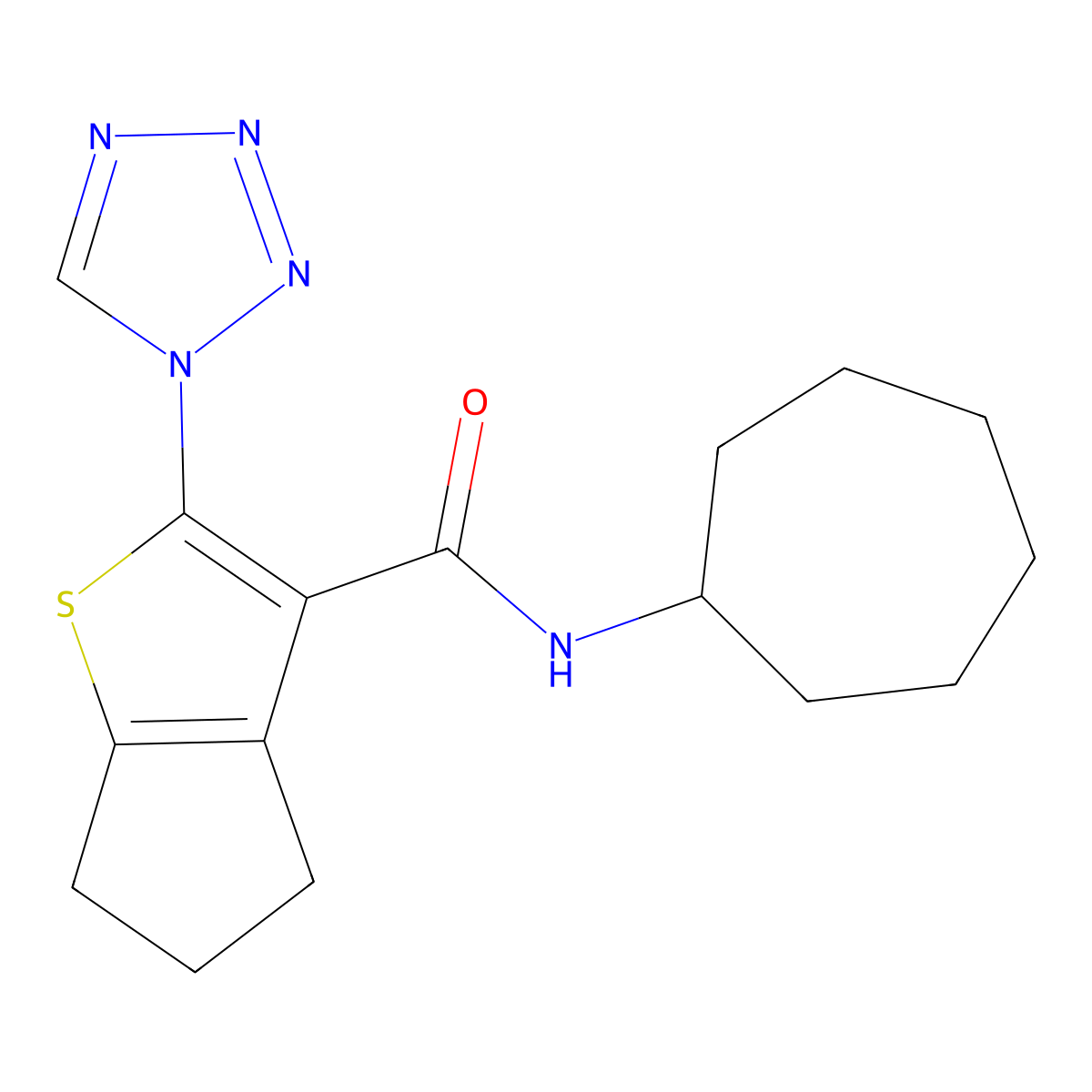 N-cycloheptyl-2-(1H-tetrazol-1-yl)-5,6-dihydro-4H-cyclopenta[b]thiophene-3-carboxamide molecular structure, CAS 1190274-34-0