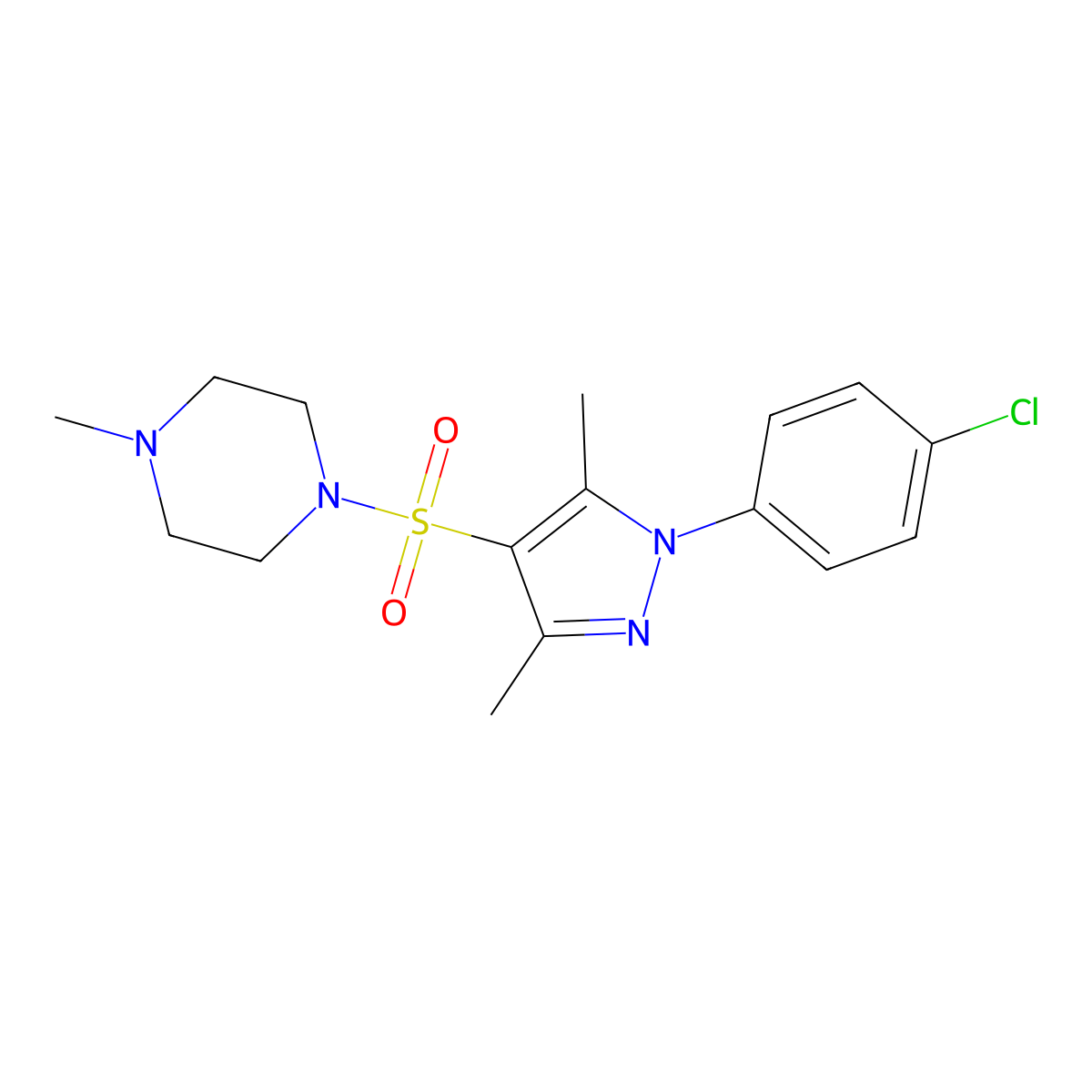 1-{[1-(4-chlorophenyl)-3,5-dimethyl-1H-pyrazol-4-yl]sulfonyl}-4-methylpiperazine molecular structure, CAS 1190275-44-5