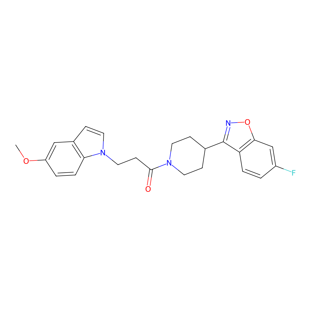 1-[4-(6-fluoro-1,2-benzoxazol-3-yl)piperidin-1-yl]-3-(5-methoxy-1H-indol-1-yl)propan-1-one molecular structure, CAS 1190276-17-5