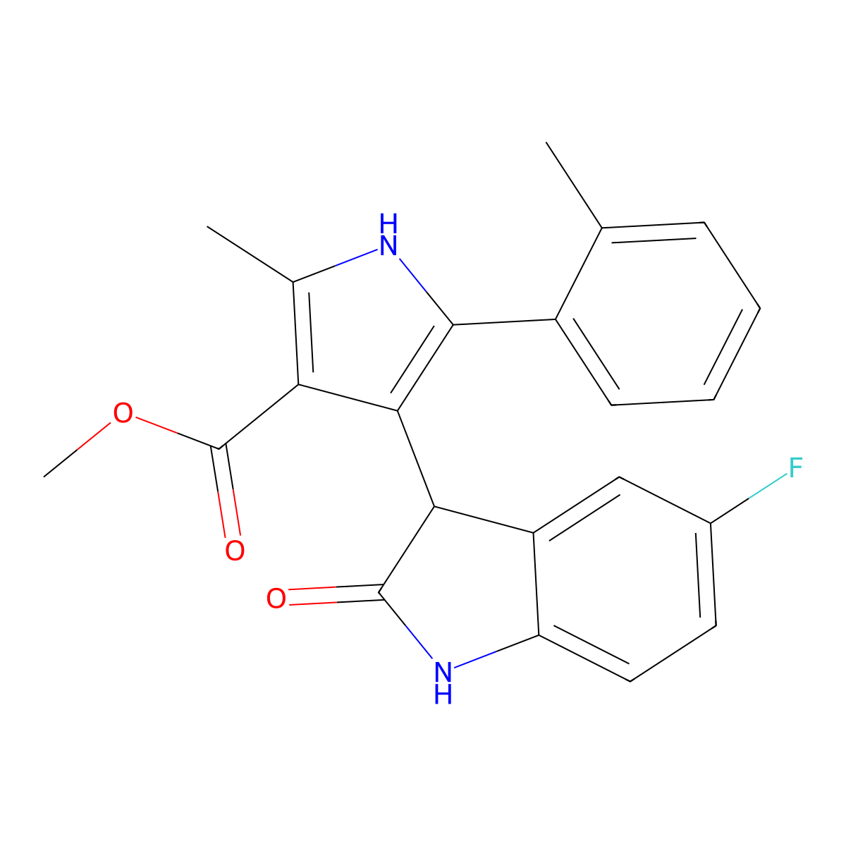 methyl 4-(5-fluoro-2-oxo-2,3-dihydro-1H-indol-3-yl)-2-methyl-5-(2-methylphenyl)-1H-pyrrole-3-carboxylate molecular structure, CAS 1190276-18-6