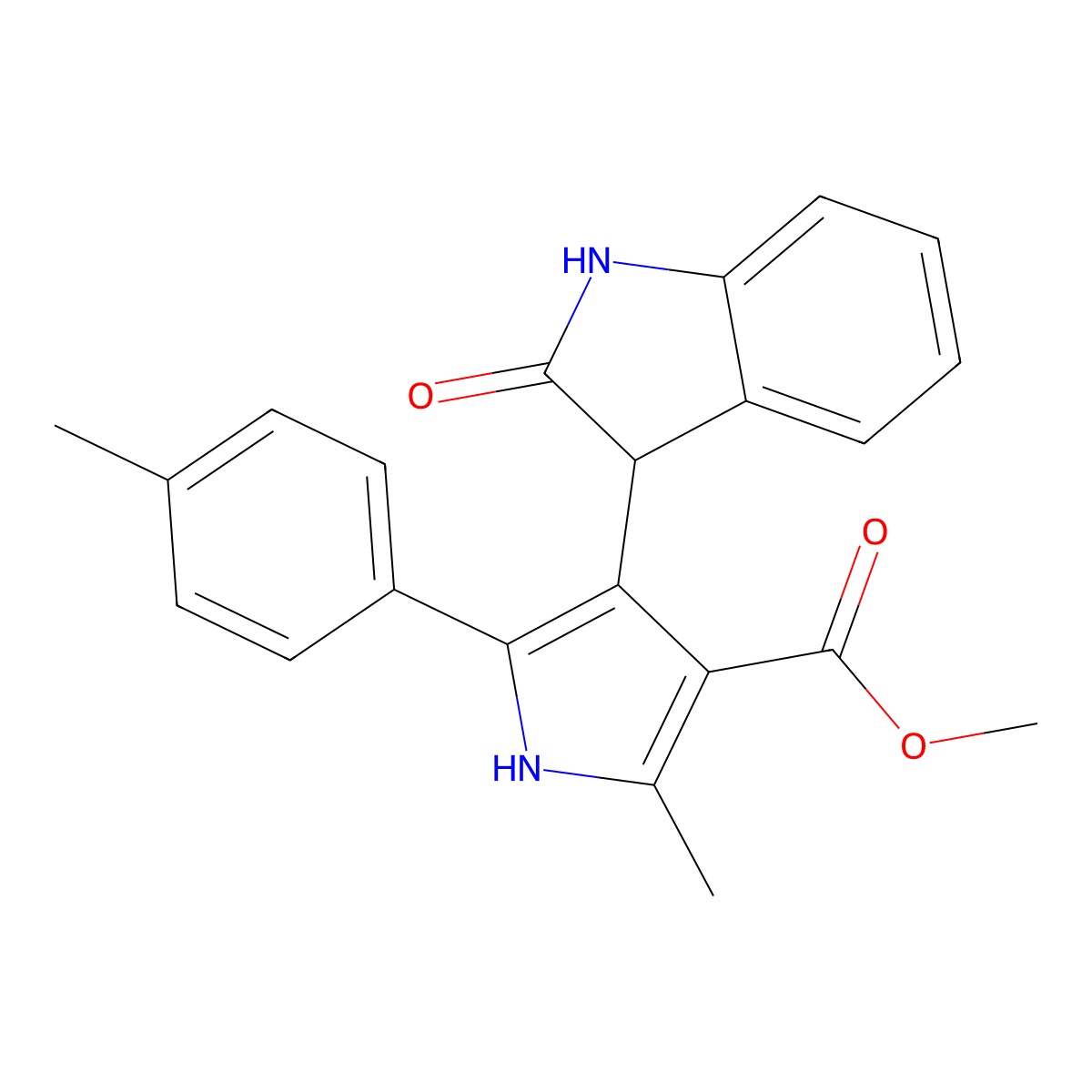 methyl 2-methyl-5-(4-methylphenyl)-4-(2-oxo-2,3-dihydro-1H-indol-3-yl)-1H-pyrrole-3-carboxylate molecular structure, CAS 1190276-51-7