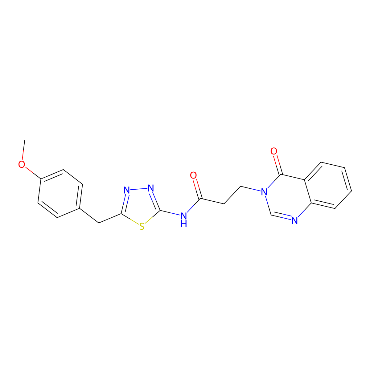N-[(2E)-5-(4-methoxybenzyl)-1,3,4-thiadiazol-2(3H)-ylidene]-3-(4-oxoquinazolin-3(4H)-yl)propanamide molecular structure, CAS 1190277-16-7
