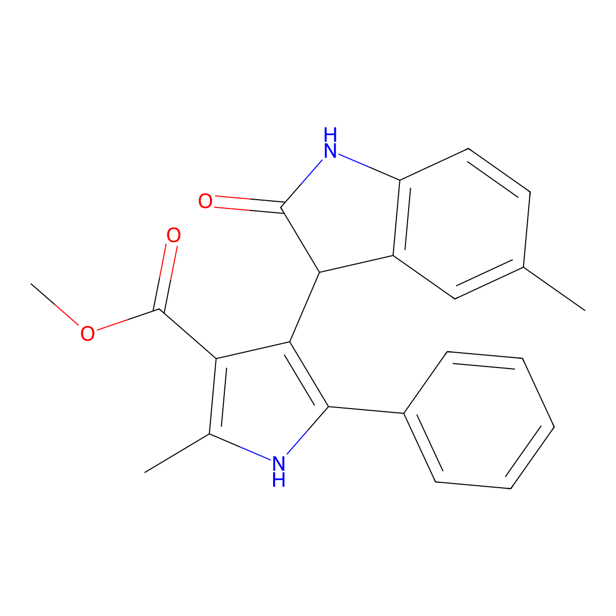 methyl 2-methyl-4-(5-methyl-2-oxo-2,3-dihydro-1H-indol-3-yl)-5-phenyl-1H-pyrrole-3-carboxylate molecular structure, CAS 1190277-32-7
